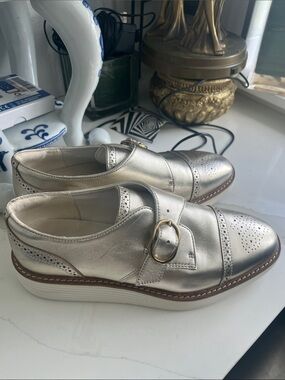 Cole Haan Metallic Silver Buckle Platform Loafers